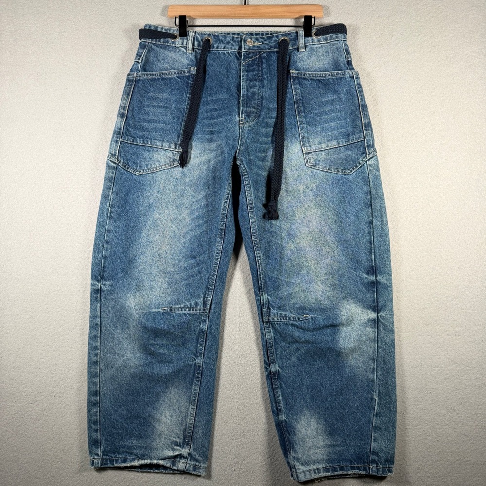 Bohme Womens XL Blue Relaxed Utility Denim Jeans High Rise Drawstring Pockets